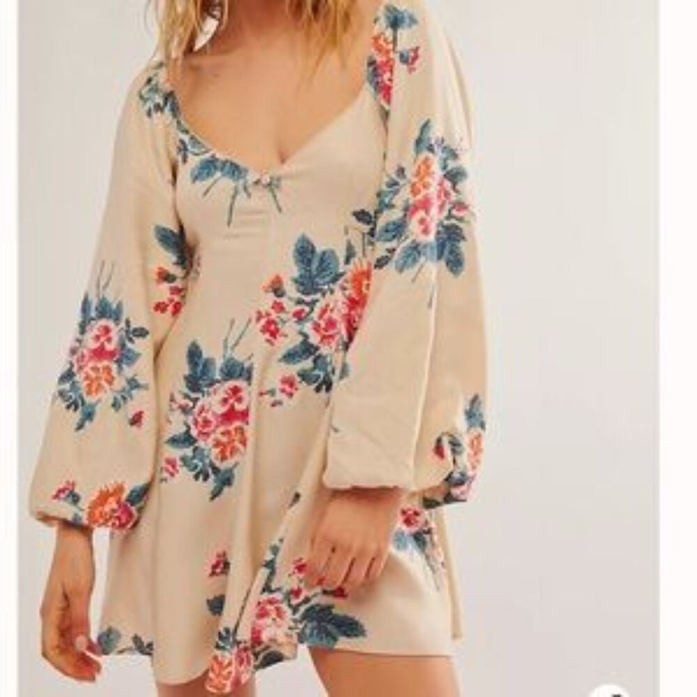 Free People Beige Floral Long Sleeve Dress